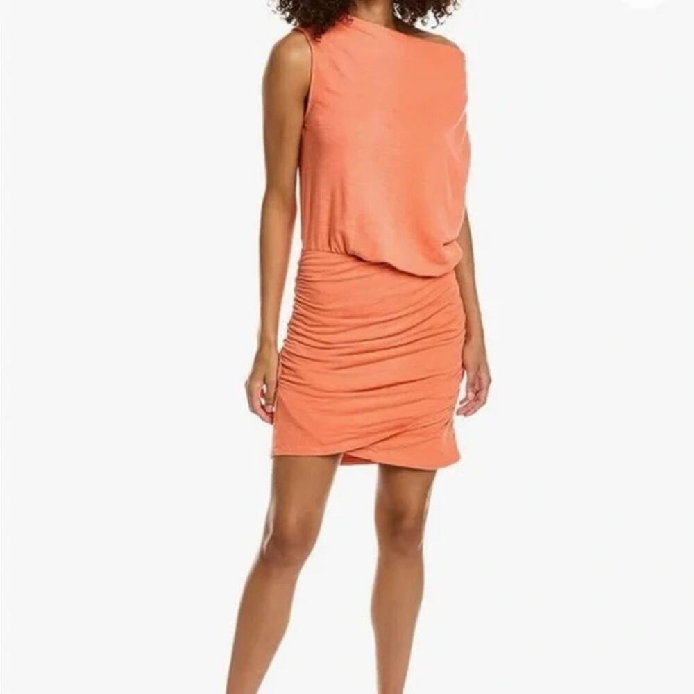 NEW Monrow Georgia Peach Cowl Neck Shirred Wrap Mini Dress Sz Small